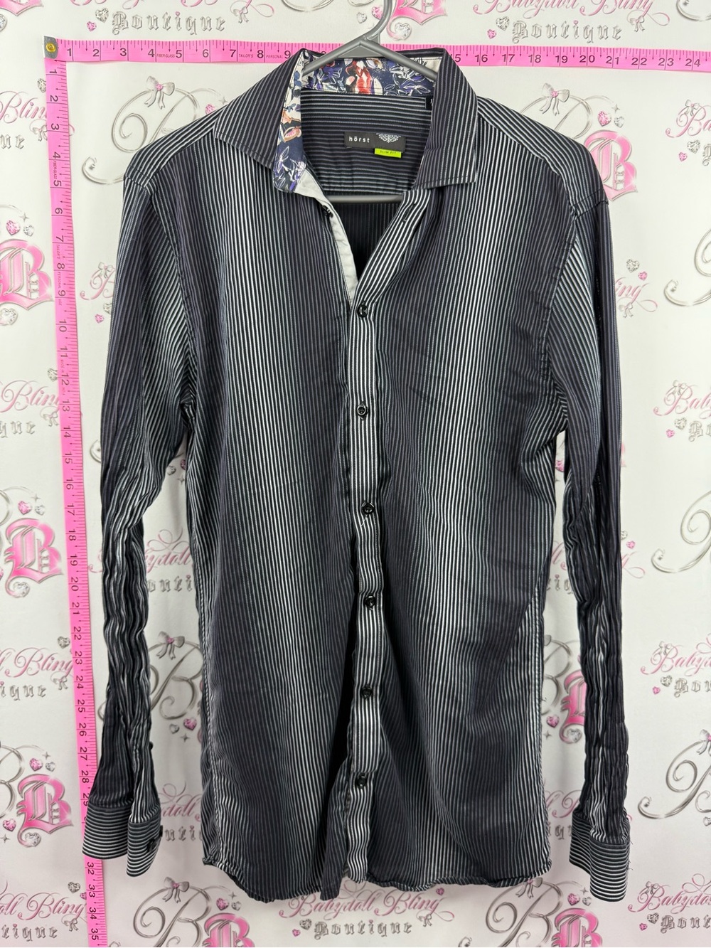HORST shirt button up Black Pinstripe Dress Shirt with Floral Trim